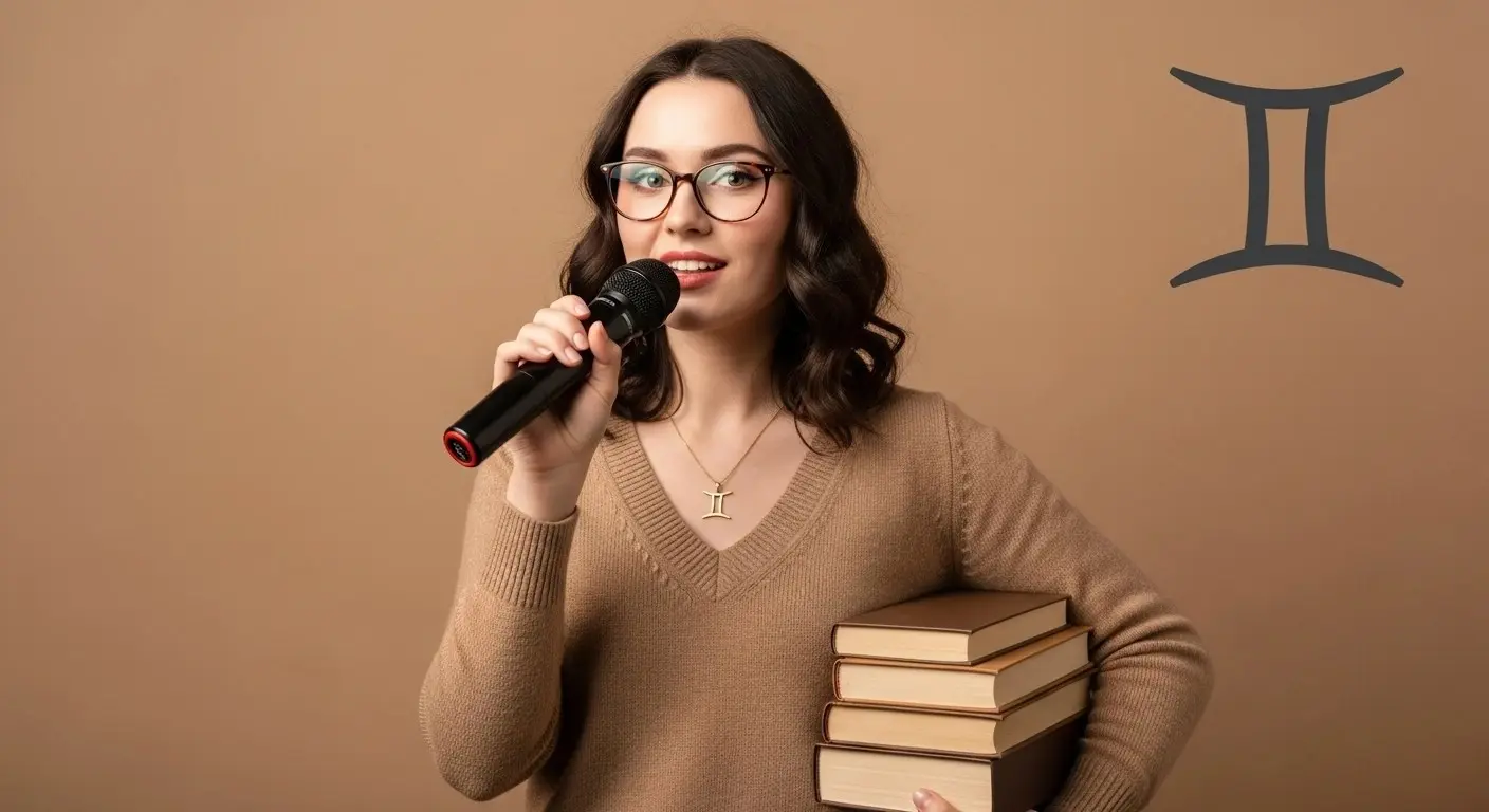 Illustration of a Gemini with books and a microphone, symbolizing intelligence and communication
